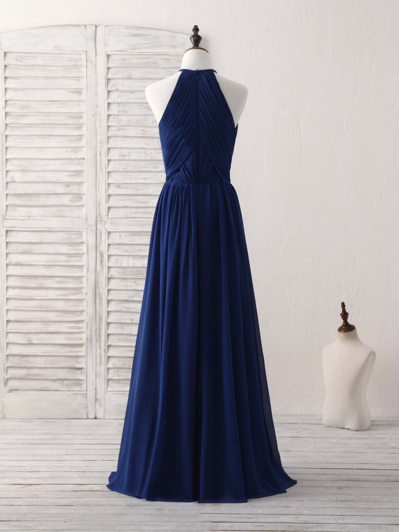 Simple dark blue chiffon long prom ...